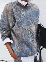 Round Neck Long Sleeve Blue Print Top