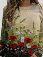 Red Casual Graphic Tops Round Neck Long Sleeve Floral Printed Sweatshirts