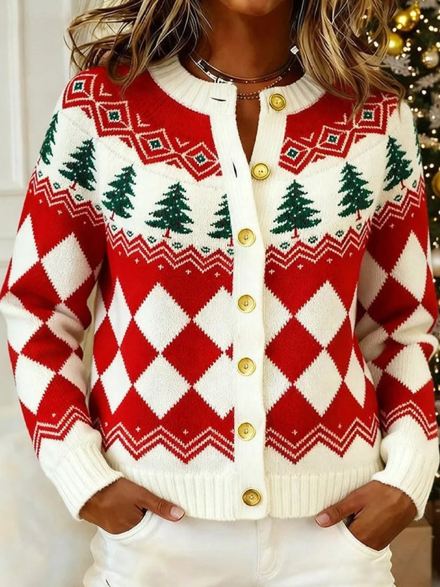 Red Holiday Christmas Tree Print Button Front Knit Cardigan