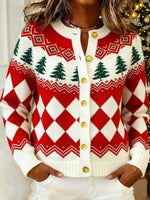 Red Holiday Christmas Tree Print Button Front Knit Cardigan