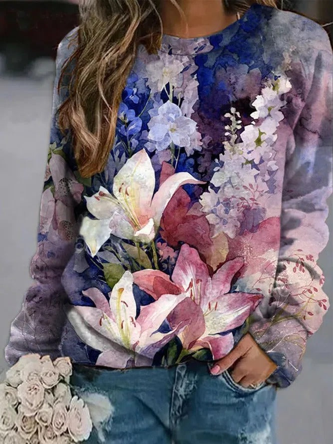 Multicolor Casual Round Neck Floral Printed Long Sleeve Sweatshirts