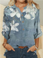 Blue Floral Print Collared Long Sleeve Blouse with Buttons