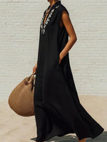 Elegant Black Embroidered Sleeveless Maxi Dress