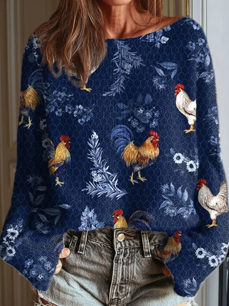 Women's Vintage Flower Chicken Art Print Casual Round Neck Long Sleeve Pullover Sweater