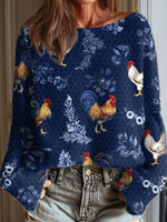 Women's Vintage Flower Chicken Art Print Casual Round Neck Long Sleeve Pullover Sweater
