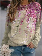 Khaki Casual Graphic Tops Round Neck Floral Printed Long Sleeve Sweatshirt