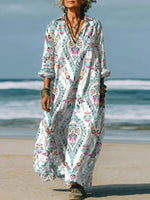 Casual White V-neck Long Sleeve Maxi Dress