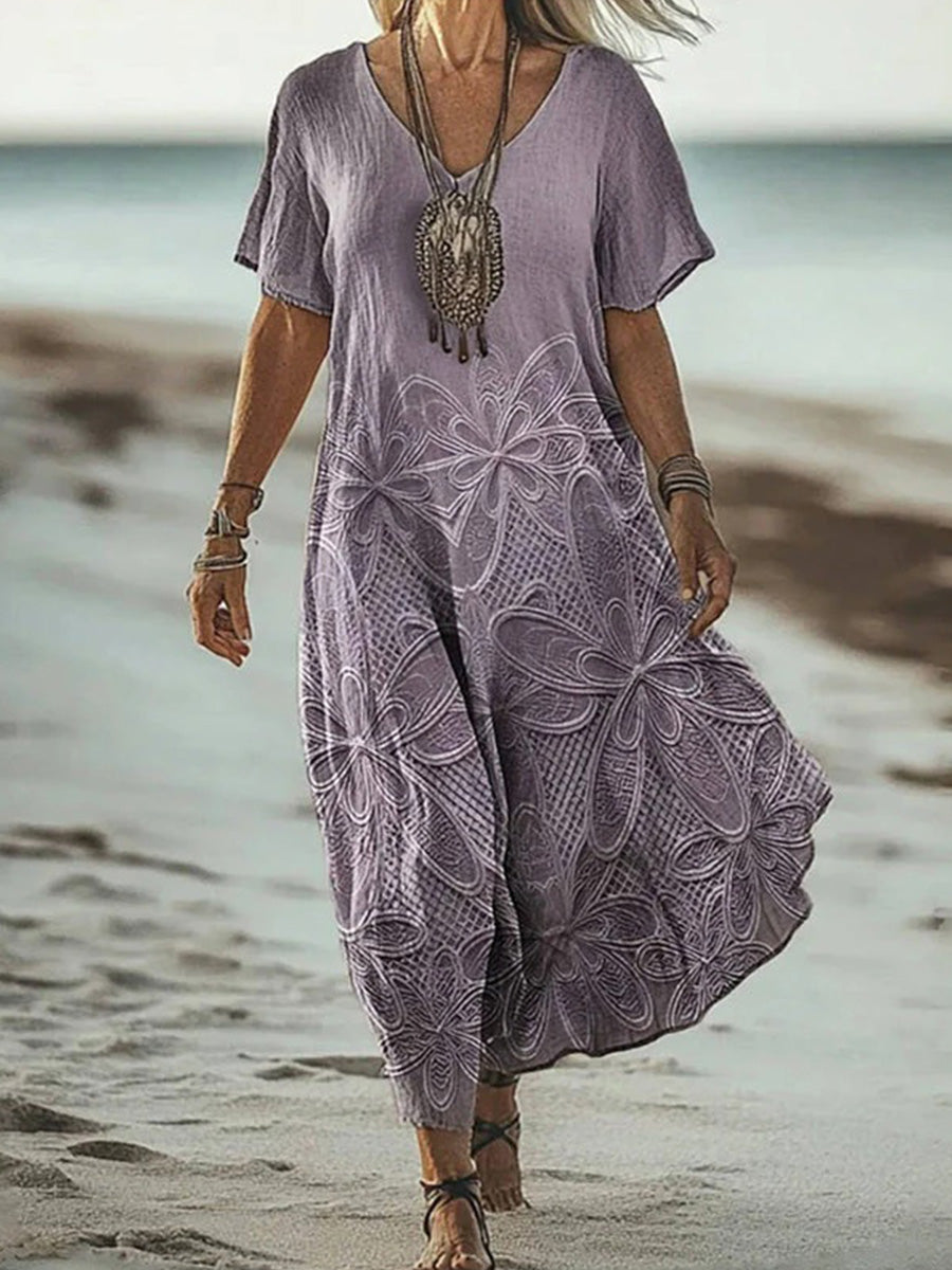 Vintage Floral Print V-neck Short Sleeve Dress