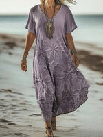 Vintage Floral Print V-neck Short Sleeve Dress