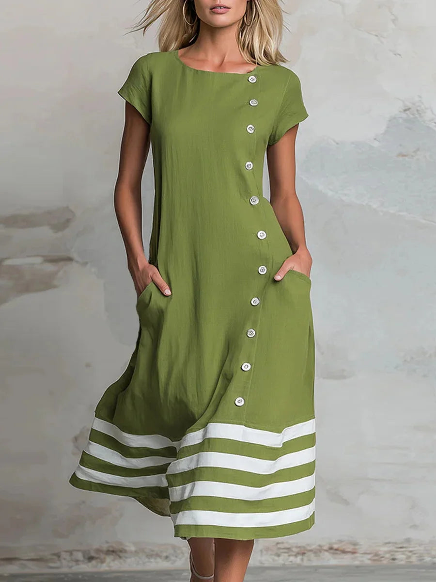 Green Striped Hem Round Neck Short Sleeve Button-Down Dress