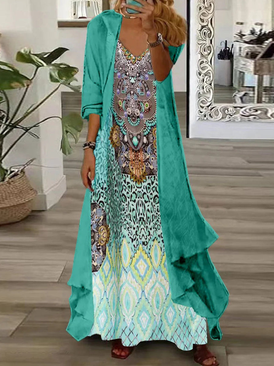 Women's Long Sleeve V-neck Graphic Printed Two Pieces Maxi Dress