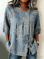 Vintage Leaf Print Round Neck Half Sleeve Blouse