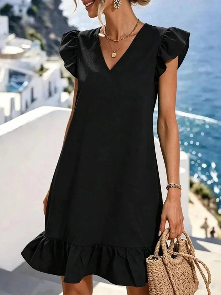Black Ruffle V Neck Cap Sleeve Ruffle Hem Shift Mini Dress