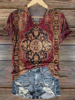Vintage Ethnic Print V-neck Short Sleeve T-Shirt
