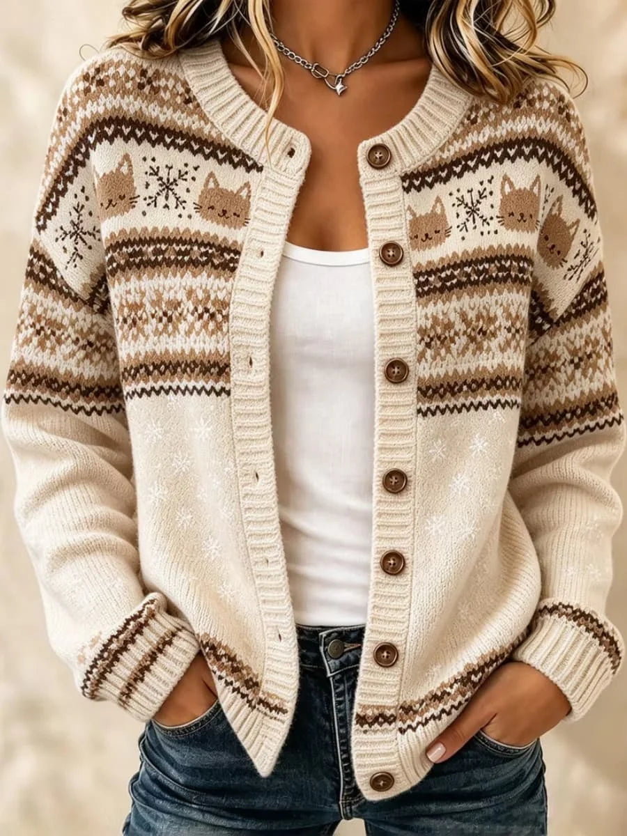 Women's Vintage Cat Print Knit Crew Neck Long Sleeve Cardigan Sweater