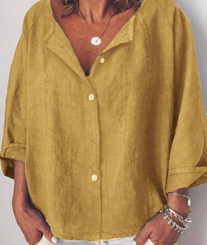 Casual Solid V-neck Long Sleeve Buttoned Blouse