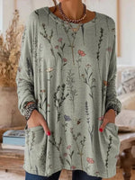 Vintage Floral Print Round Neck Long Sleeve Blouse