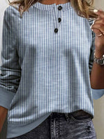 Round Neck Long Sleeve Button Stripes Pullover Sweatshirt