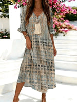 Abstract Watercolor Print V-Neck Ruffle Half Sleeve Midi Dress