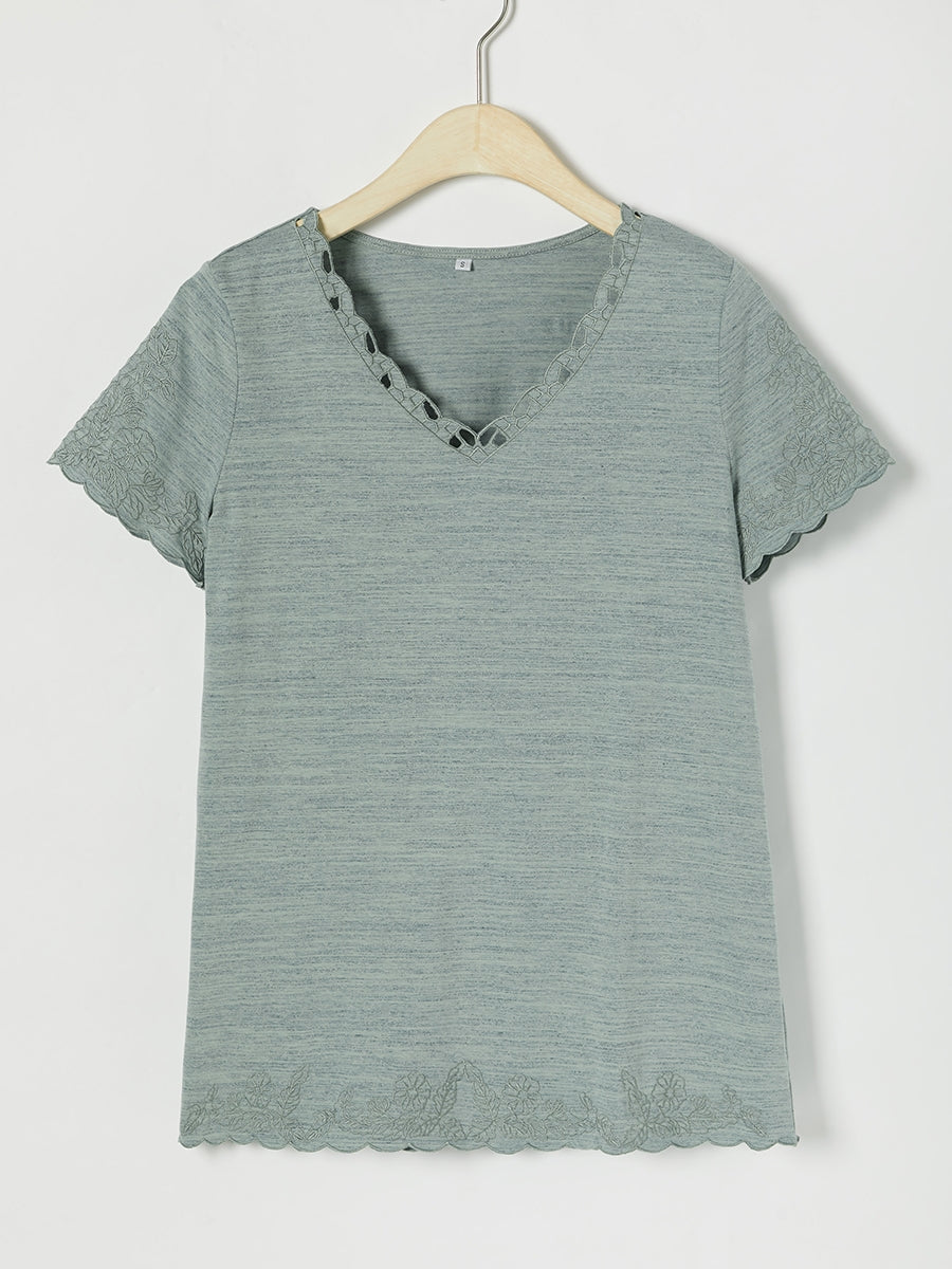 Casual Solid Embroidery V-neck Short Sleeve T-shirt