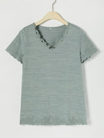 Casual Solid Embroidery V-neck Short Sleeve T-shirt