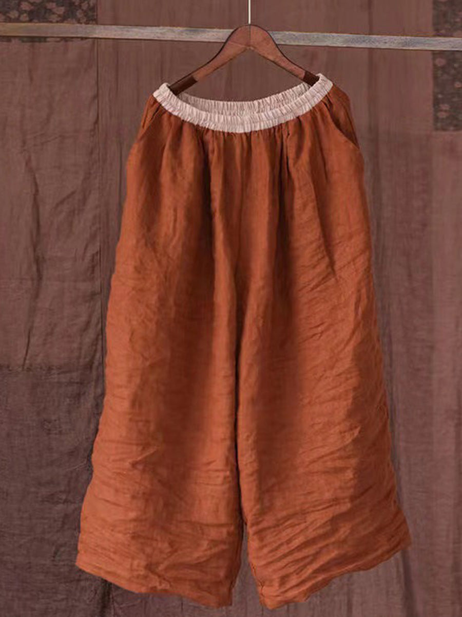 Vintage Orange Pockets Elastic Waist Linen Pants Summer