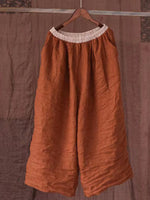 Vintage Orange Pockets Elastic Waist Linen Pants Summer