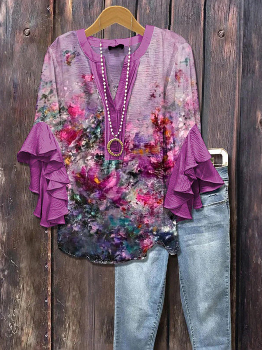 Vintage Casual V-neck 3/4 Sleeve Blouse