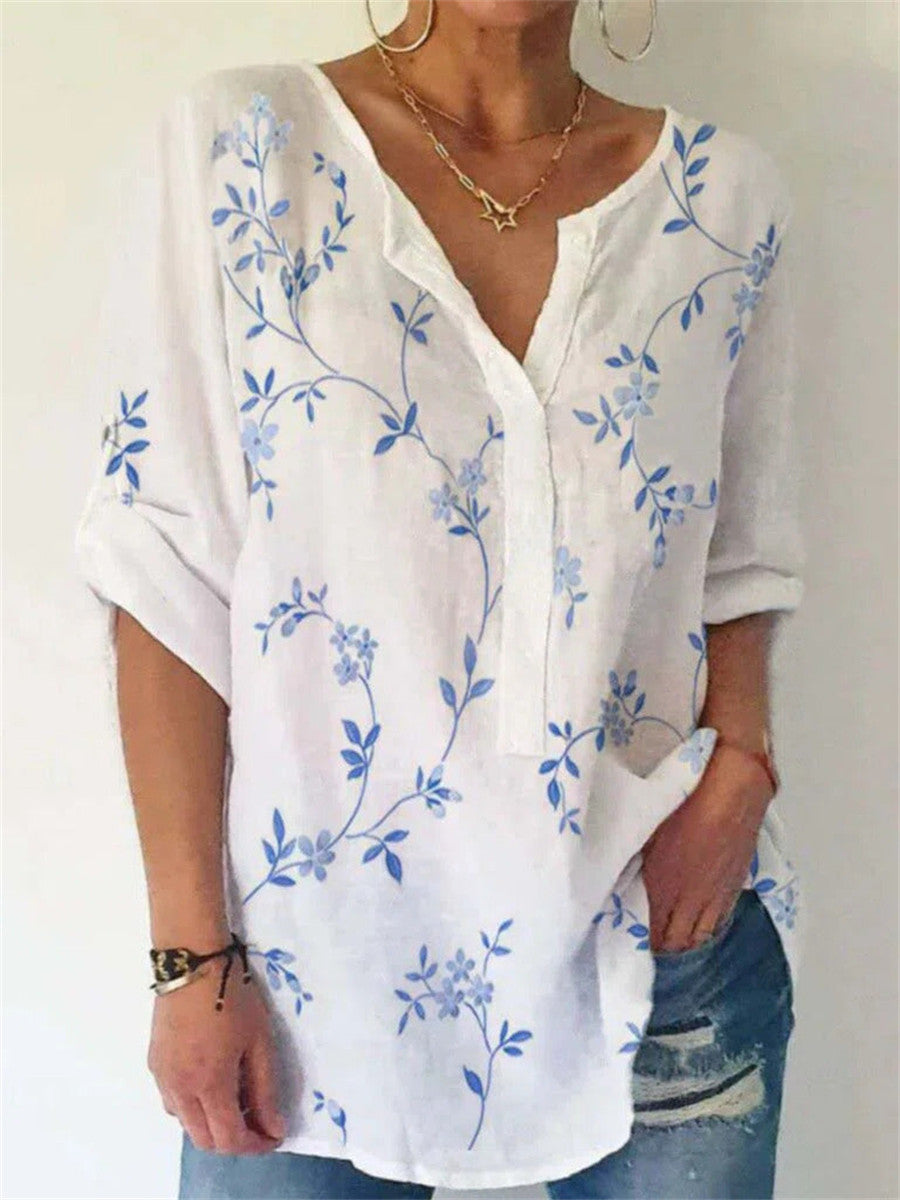 Women’s Blue Leaf Print V-neck Loose Fit Casual Blouse