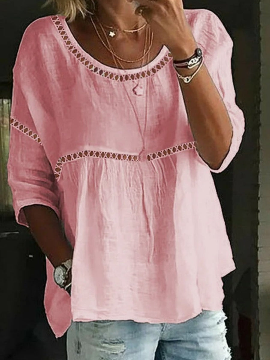 Plain Crew Neck 3/4 Sleeve White Comfy Blouse