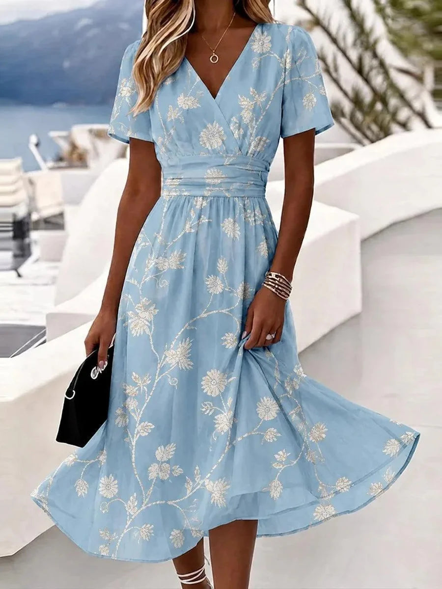 Light Blue Floral V-neck Short Sleeve Wrap-Front Midi Dress