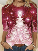 Red Casual Graphic Tops Round Neck Christmas Tree Printed Long Sleeve Xmas Sweatshirts