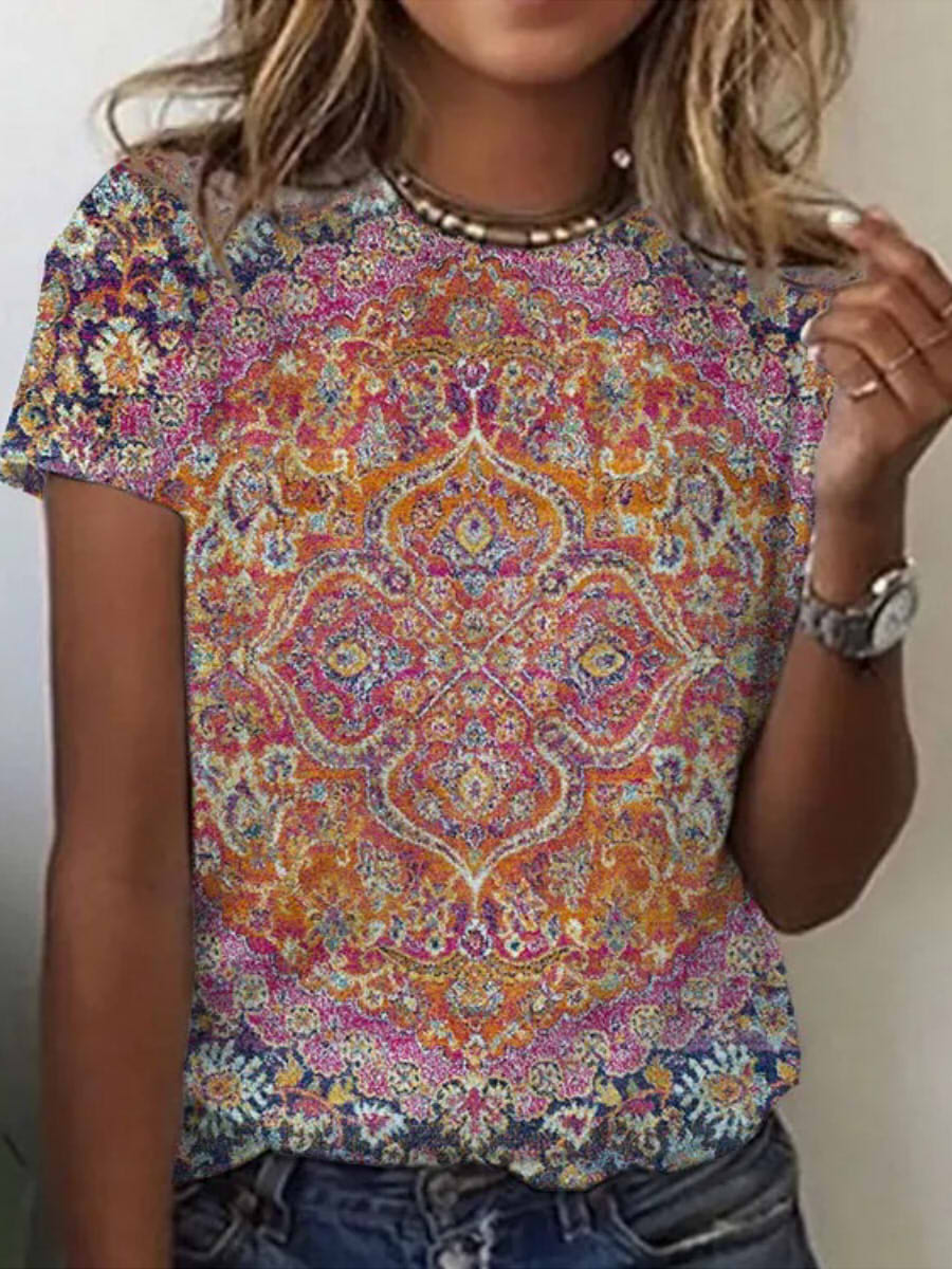 Multicolor Casual Round Neck Floral Printed Short Sleeve Blouse