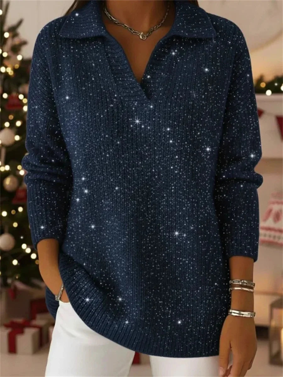 Christmas Party Polo Collar Long Sleeve Shiny Loose Sweater