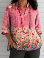 Pink V-Neck 3/4 Sleeve Floral Print Top
