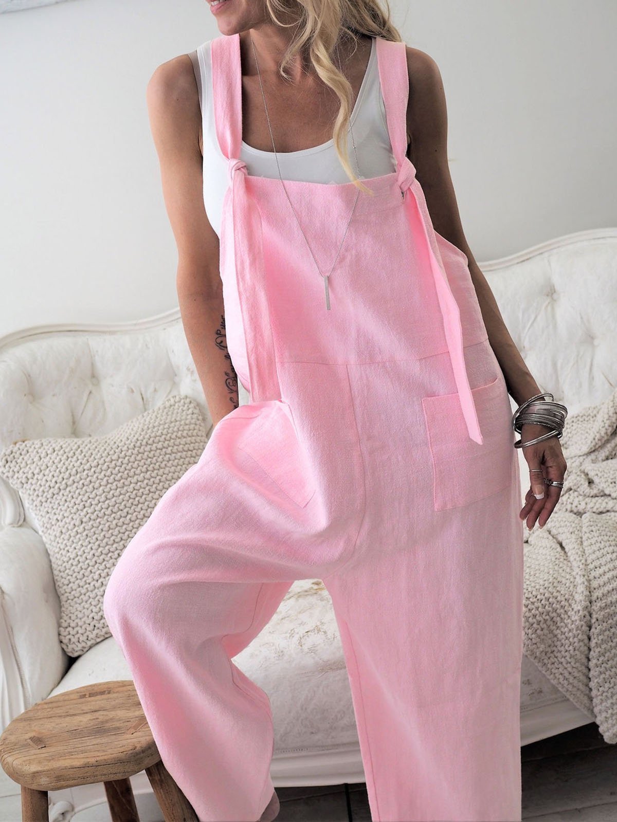 Retro Casual Loose Cotton Linen Wide Leg Jumpsuit