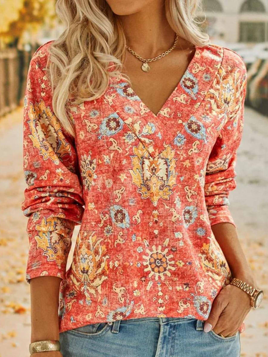 Boho Red Flower Print V-Neck Top