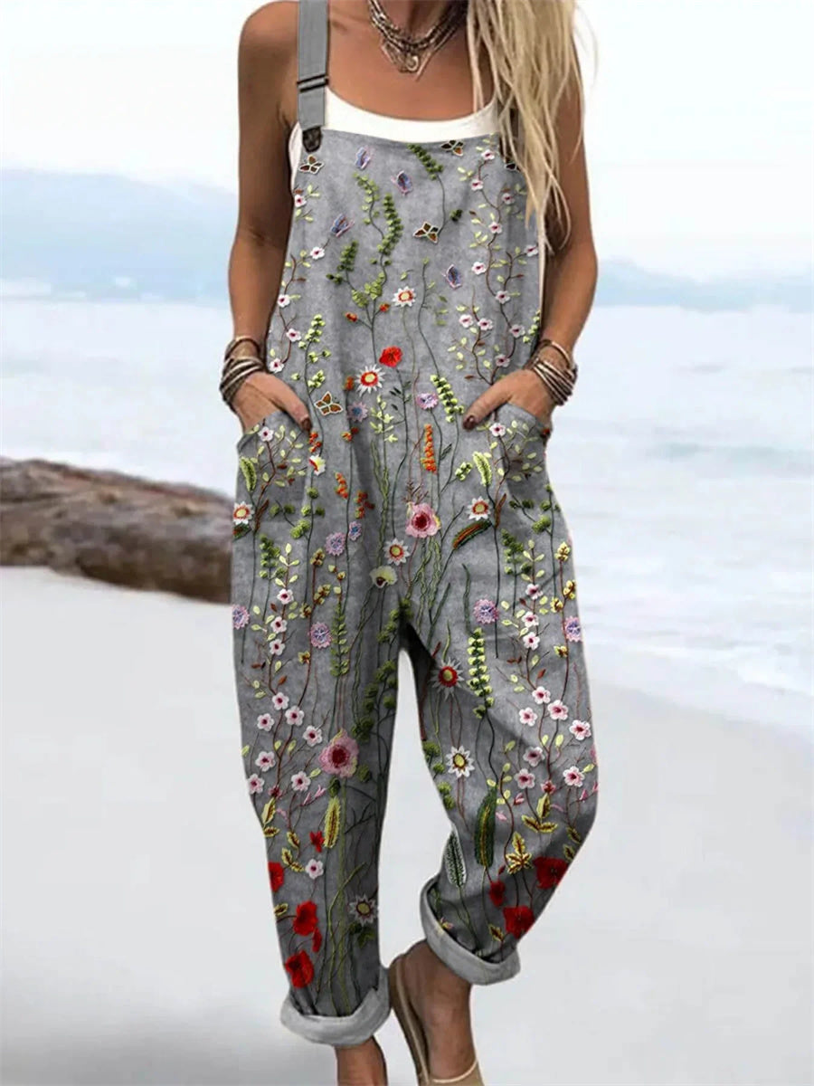 Women's Vintage Lovely Floral Art Print Casual Wide Leg Jumpsuit