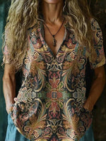 Vintage Ethnic Print V-neck Short Sleeve Blouse