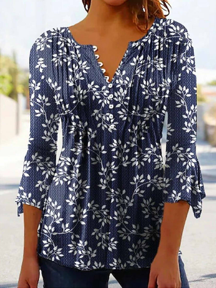 Casual 3/4 Sleeve V-neck Floral Print Blouse