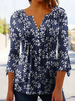 Casual 3/4 Sleeve V-neck Floral Print Blouse
