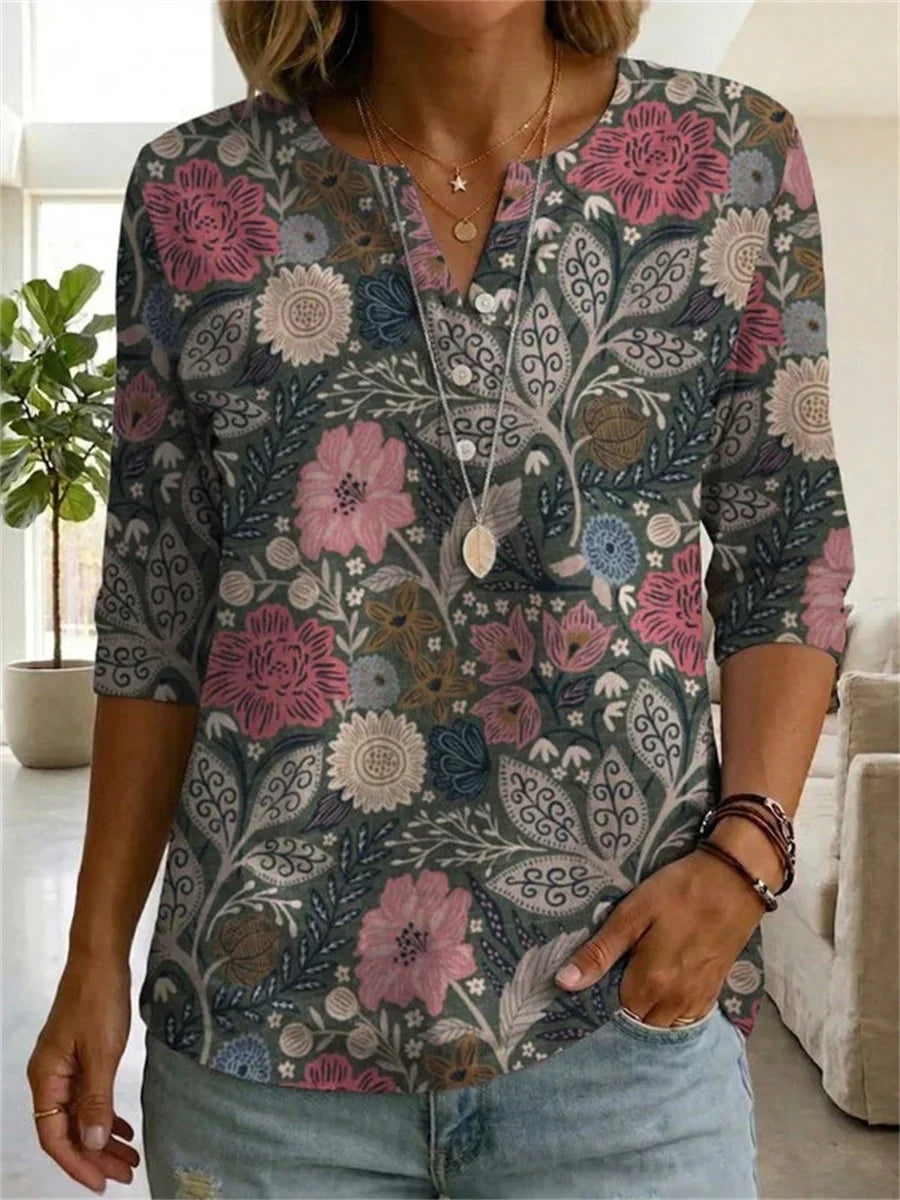 Vintage Floral Print Half Sleeve Blouse