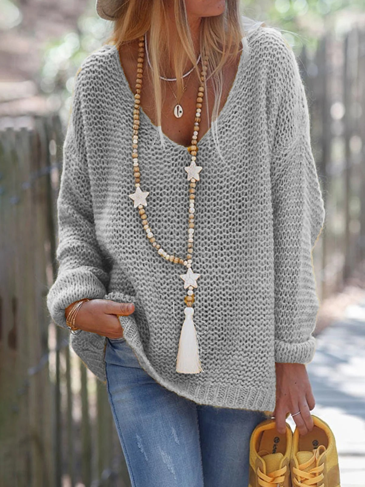 Gray Casual Graphic Tops Long Sleeve V Neck Sweater