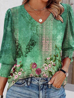 Breezy Green V-Neck 3/4 Sleeve Floral Print Top