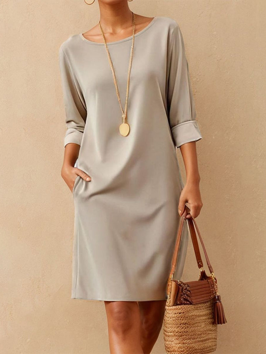 Modern Scoop Neck Plain 3/4 Sleeve Mini Dress