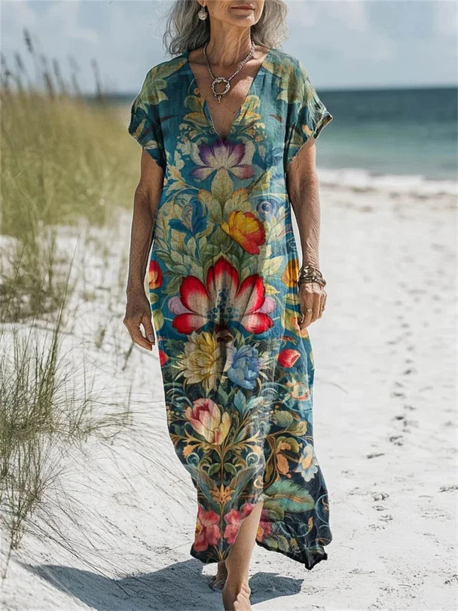 Women's Vintage Lovely V-neck Short Sleeve Floral Art Print Dress