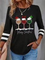 Stunning Print 3/4 Sleeve Round Neck Black Top
