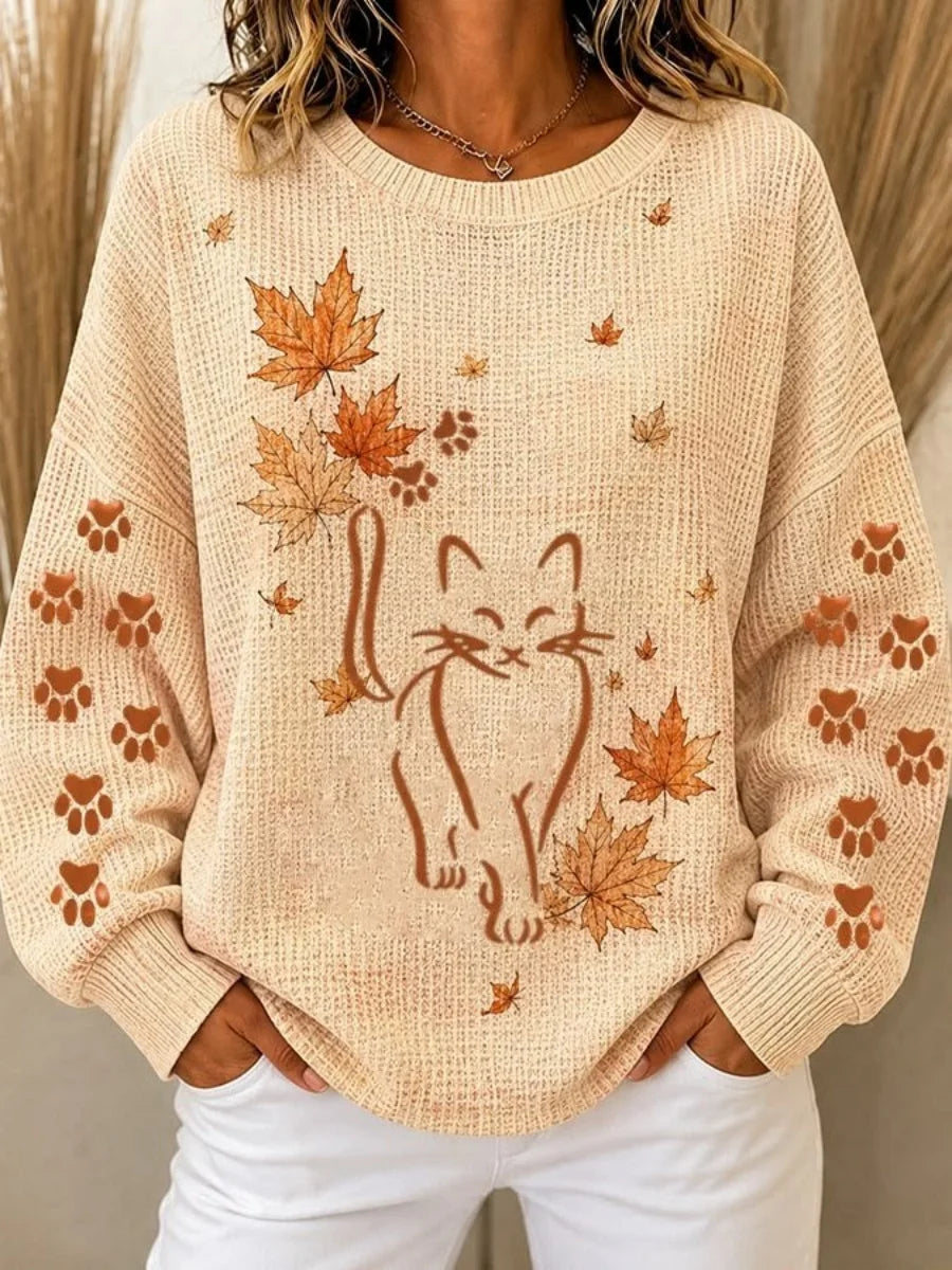 Casual Cat Crew Neck Long Sleeve Sweatshirt