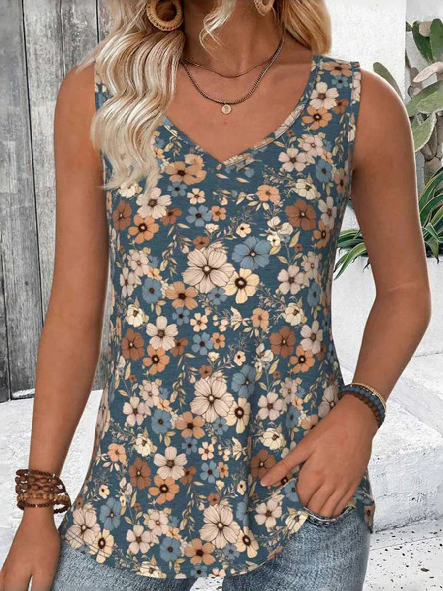 Vintage Floral Print V-neck Sleeveless Tank Top