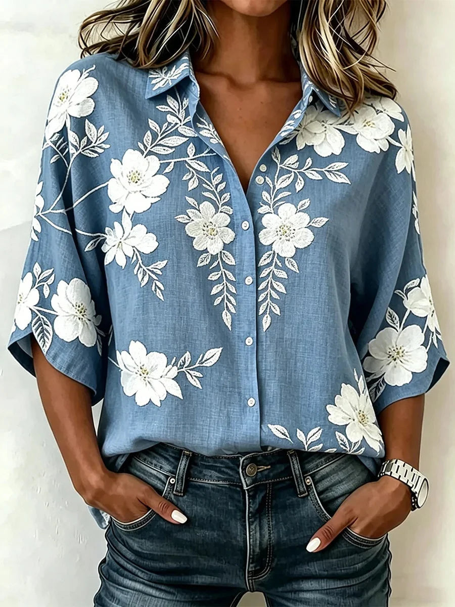 Oversized Floral 3/4 Sleeve Button-Down Shirt